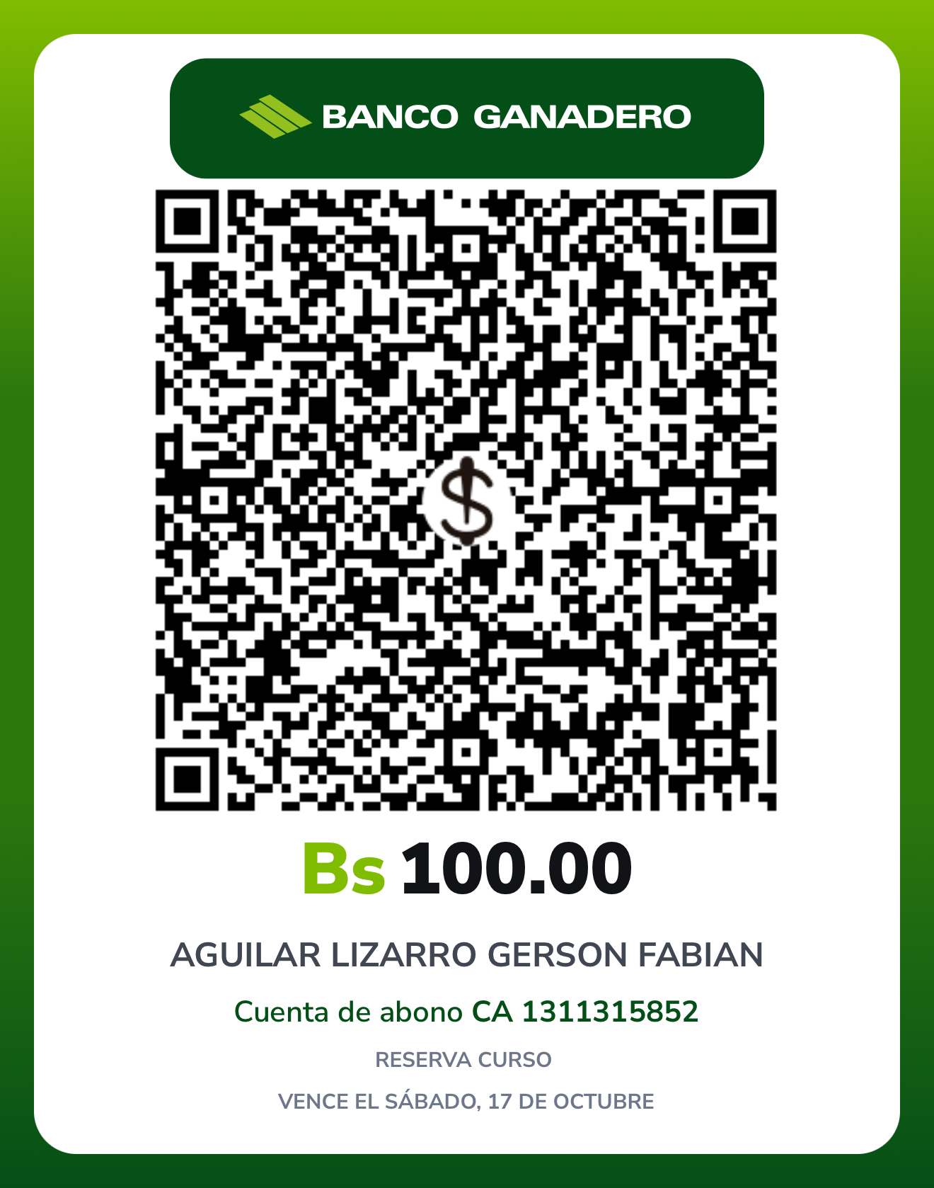 QR Banco Ganadero para reserva de Bs100 a nombre de Aguilar Lizarro Gerson Fabian